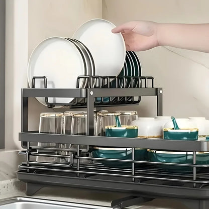 Double-tier extendable dish drainer